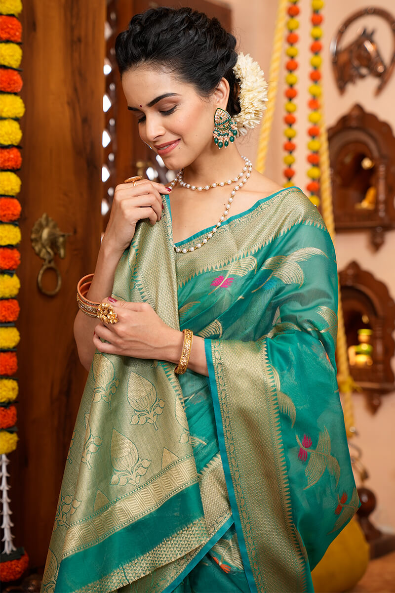 Appealing Rama Organza Silk Saree With Evanescent Blouse Piece Bvipul