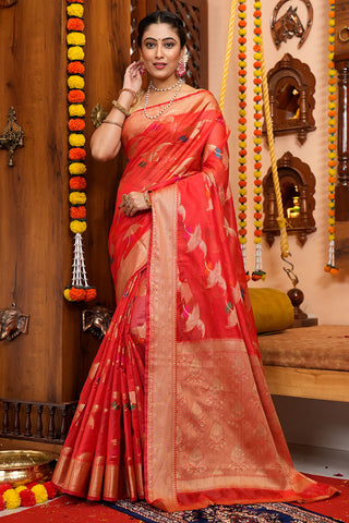 Blooming Red Organza Silk Saree With Conflate Blouse Piece Bvipul