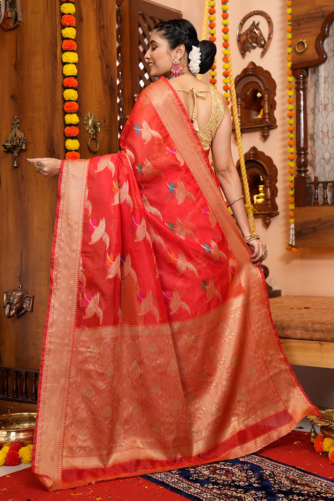 Blooming Red Organza Silk Saree With Conflate Blouse Piece Bvipul