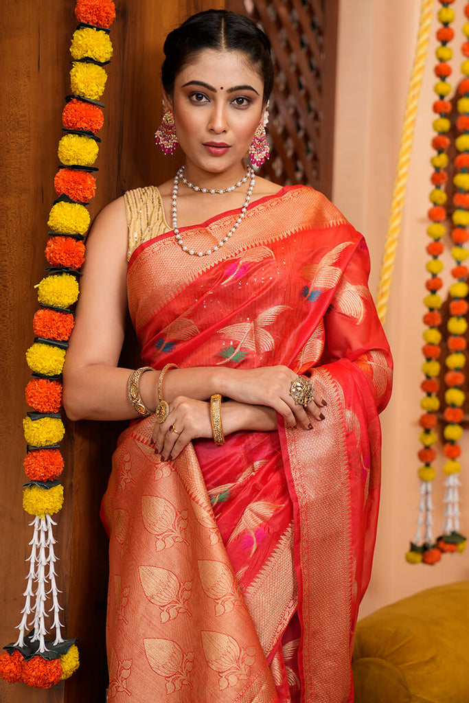 Blooming Red Organza Silk Saree With Conflate Blouse Piece Bvipul