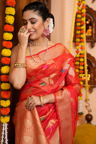 Blooming Red Organza Silk Saree With Conflate Blouse Piece Bvipul