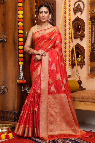 Blooming Red Organza Silk Saree With Conflate Blouse Piece Bvipul