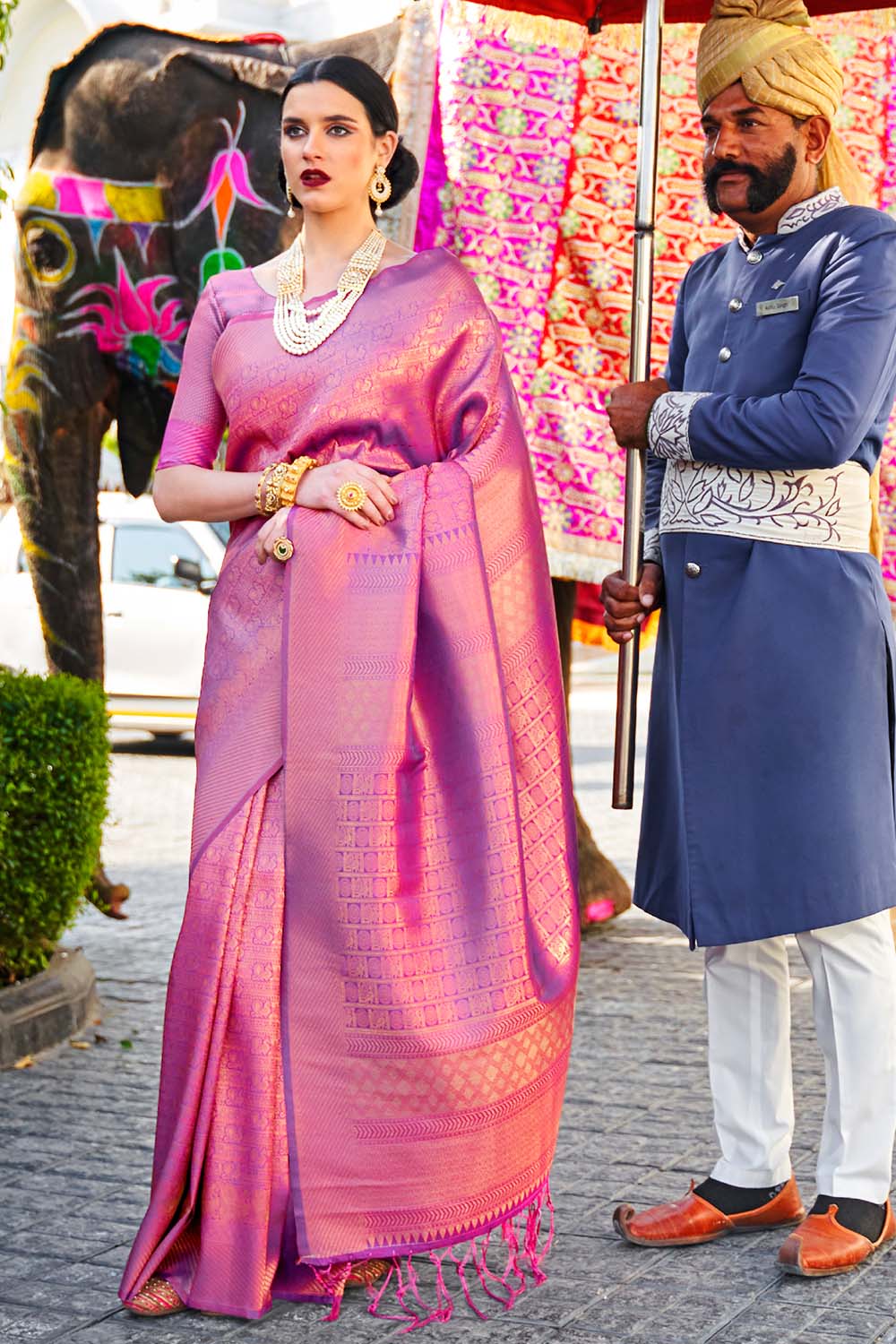Mesmeric Purple Kanjivaram Silk Saree With Snappy Blouse Piece Bvipul Main image
