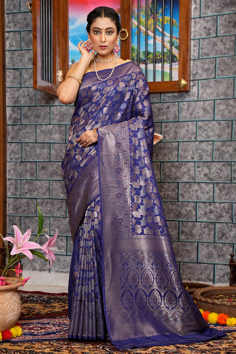 Breathtaking Navy Blue Kanjivaram Silk Saree With Adorable Blouse Piece Bvipul Main image