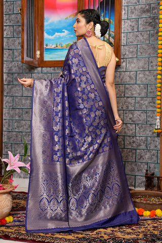 Breathtaking Navy Blue Kanjivaram Silk Saree With Adorable Blouse Piece Bvipul