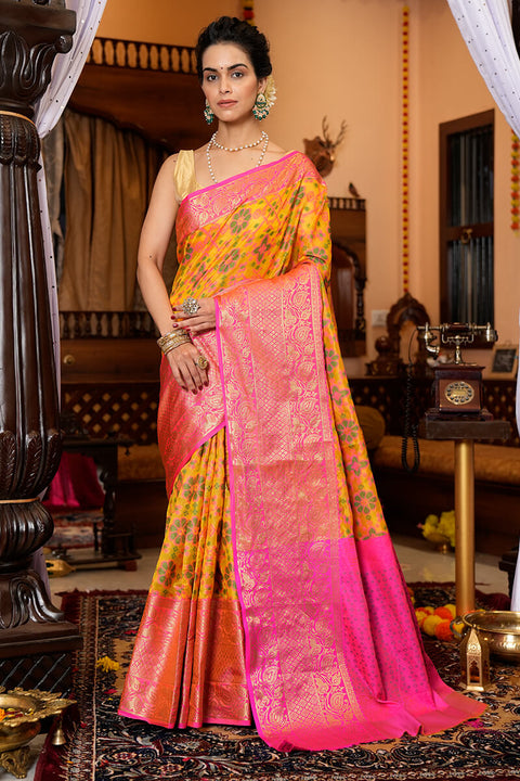 Groovy Yellow Organza Silk Saree With Prodigal Blouse Piece Bvipul Main image