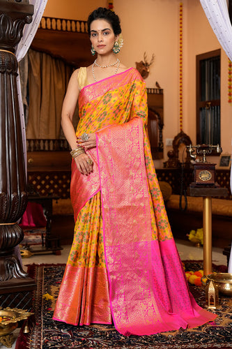 Groovy Yellow Organza Silk Saree With Prodigal Blouse Piece Bvipul