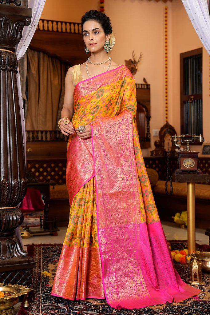 Groovy Yellow Organza Silk Saree With Prodigal Blouse Piece Bvipul