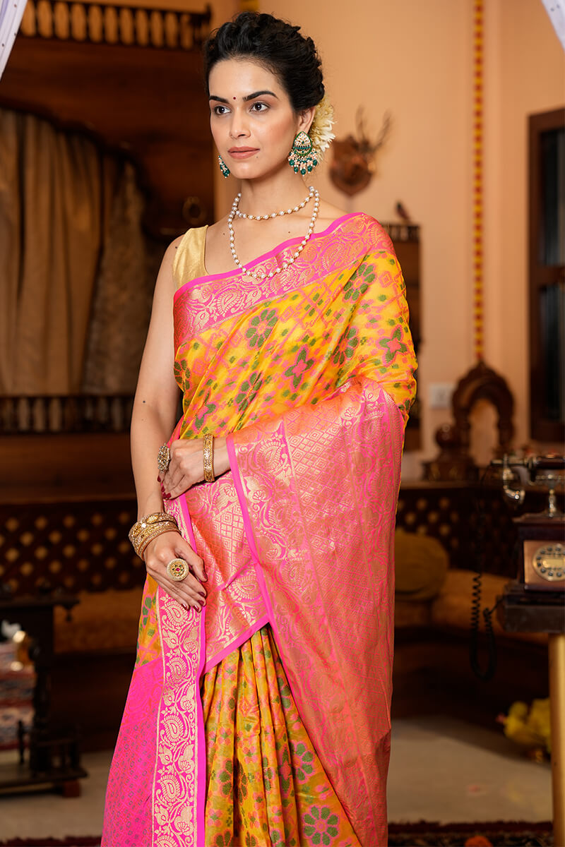 Groovy Yellow Organza Silk Saree With Prodigal Blouse Piece Bvipul
