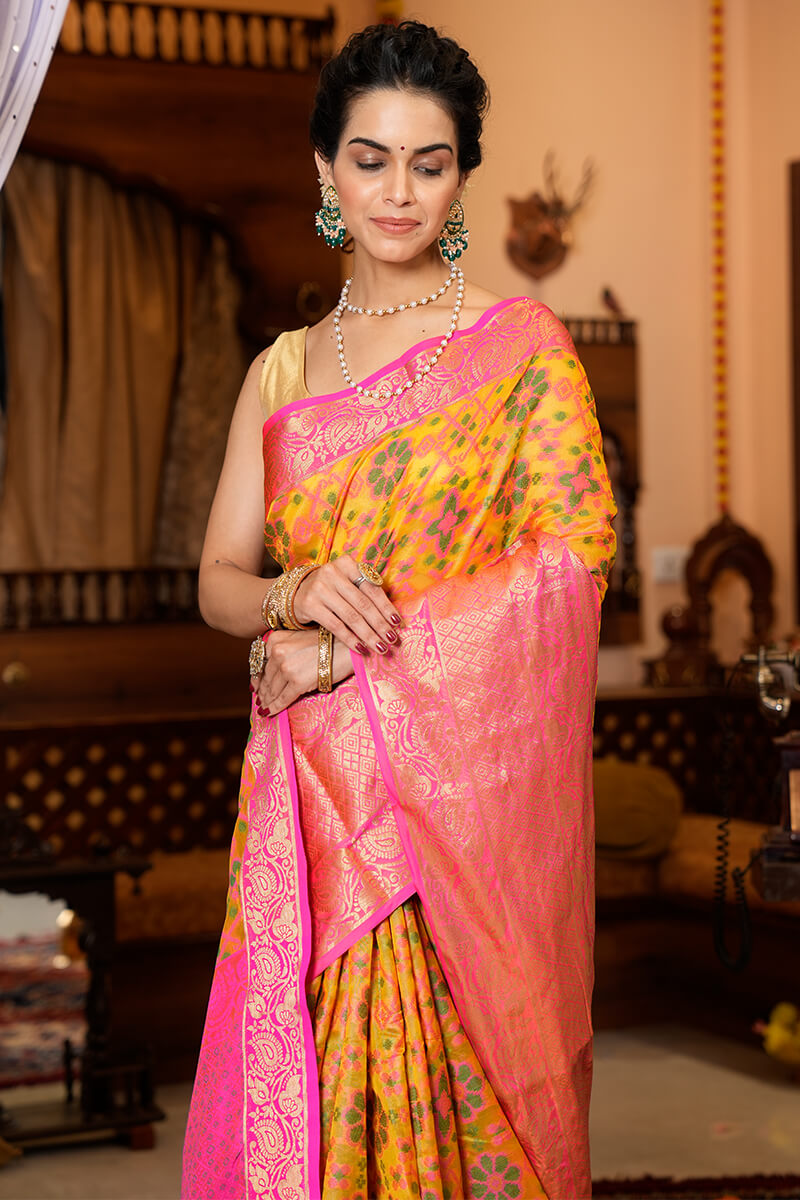 Groovy Yellow Organza Silk Saree With Prodigal Blouse Piece Bvipul