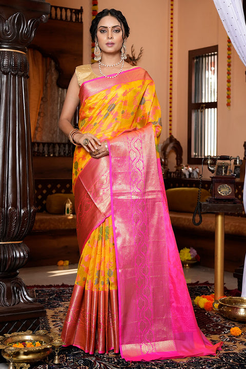 Prominent Yellow Organza Silk Saree With Snappy Blouse Piece Bvipul Main image