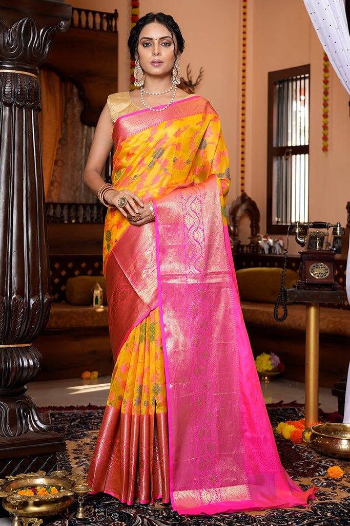 Prominent Yellow Organza Silk Saree With Snappy Blouse Piece Bvipul