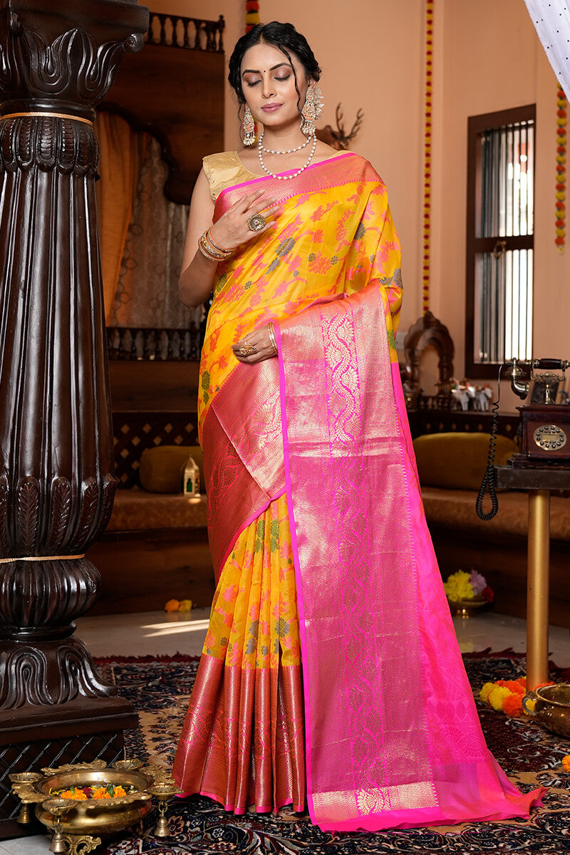 Prominent Yellow Organza Silk Saree With Snappy Blouse Piece Bvipul