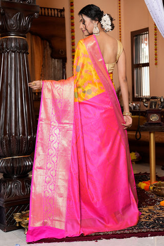 Prominent Yellow Organza Silk Saree With Snappy Blouse Piece Bvipul