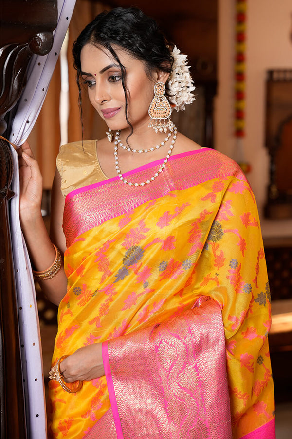Prominent Yellow Organza Silk Saree With Snappy Blouse Piece Bvipul