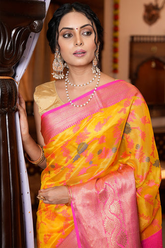 Prominent Yellow Organza Silk Saree With Snappy Blouse Piece Bvipul