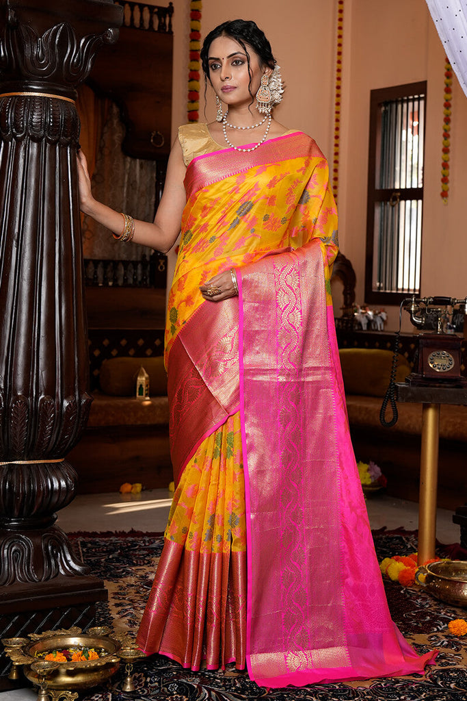 Prominent Yellow Organza Silk Saree With Snappy Blouse Piece Bvipul