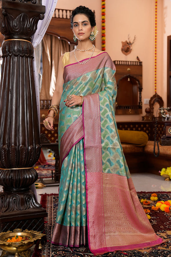 Majesty Firozi Organza Silk Saree With Palimpsest Blouse Piece Bvipul