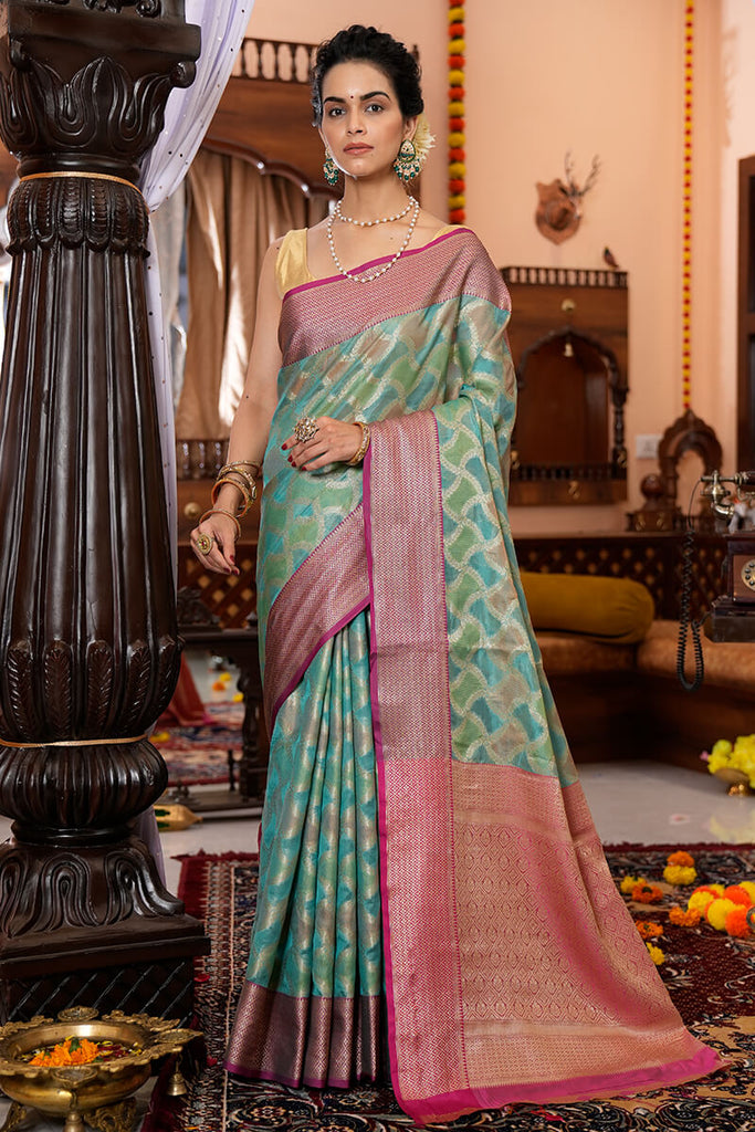 Majesty Firozi Organza Silk Saree With Palimpsest Blouse Piece Bvipul