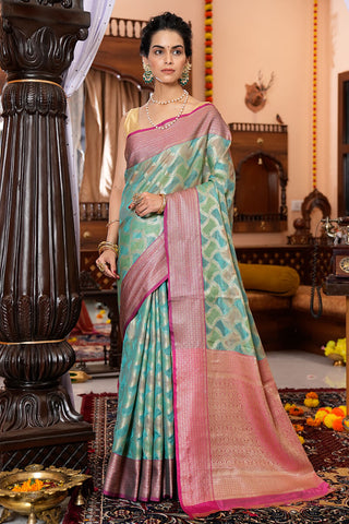 Majesty Firozi Organza Silk Saree With Palimpsest Blouse Piece Bvipul