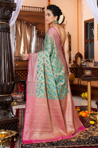 Majesty Firozi Organza Silk Saree With Palimpsest Blouse Piece Bvipul