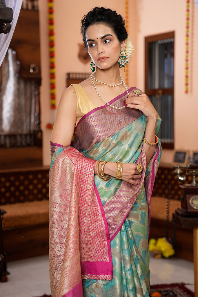 Majesty Firozi Organza Silk Saree With Palimpsest Blouse Piece Bvipul