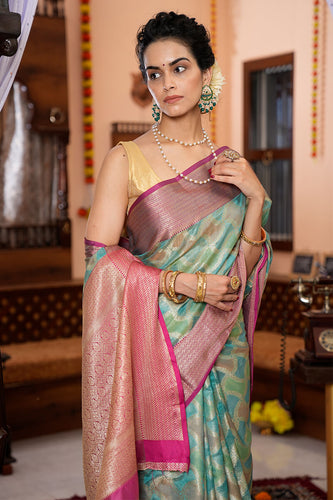 Majesty Firozi Organza Silk Saree With Palimpsest Blouse Piece Bvipul