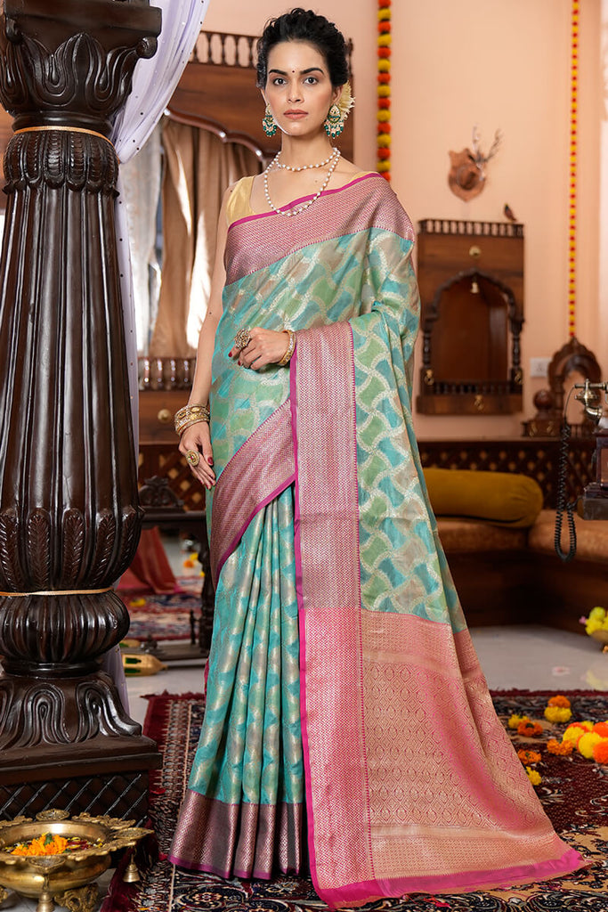 Majesty Firozi Organza Silk Saree With Palimpsest Blouse Piece Bvipul