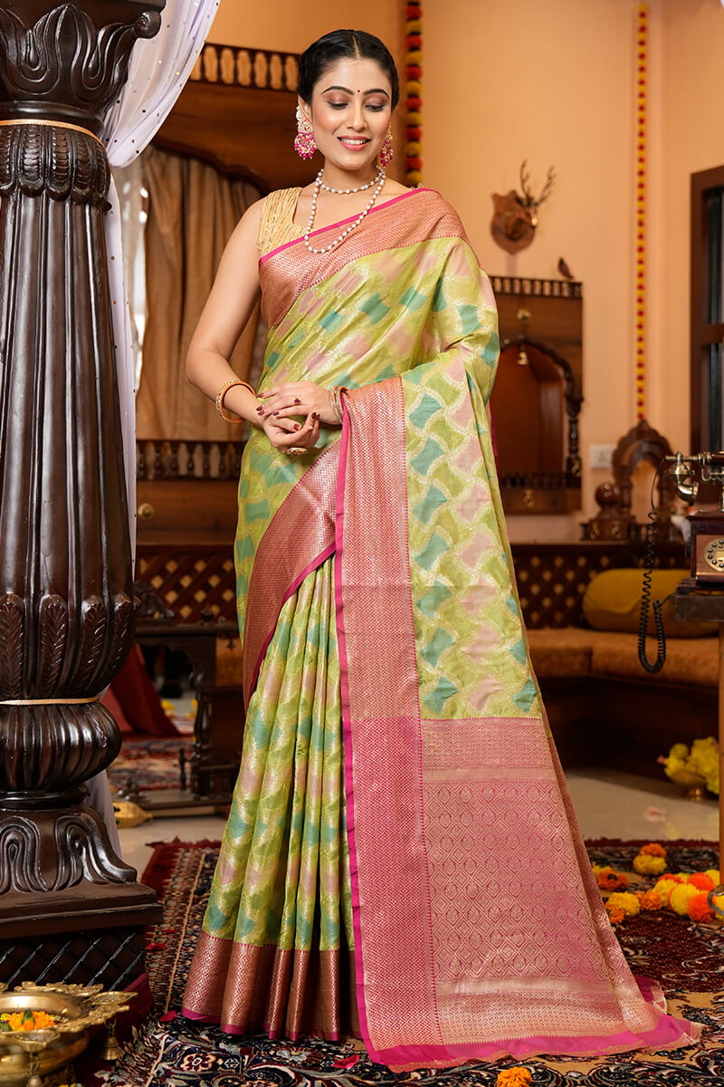 Blissful Green Organza Silk Saree With Redolent Blouse Piece Bvipul