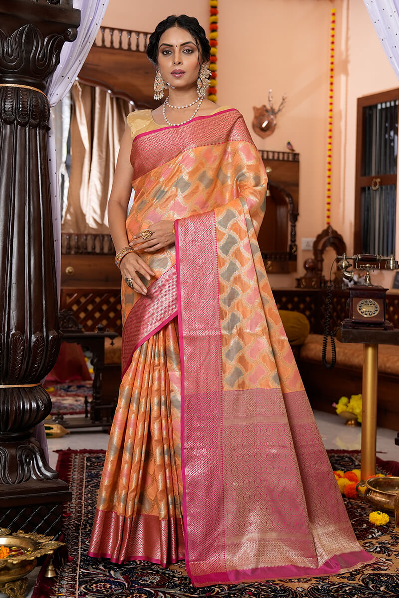 Flamboyant Orange Organza Silk Saree With Magnetic Blouse Piece Bvipul Main image
