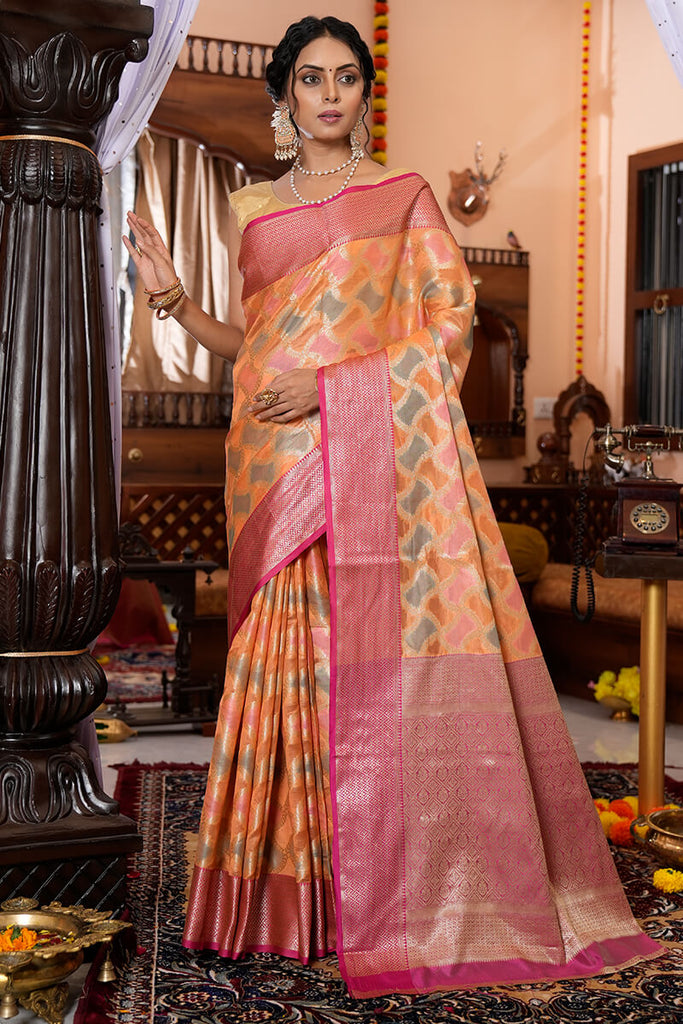 Flamboyant Orange Organza Silk Saree With Magnetic Blouse Piece Bvipul