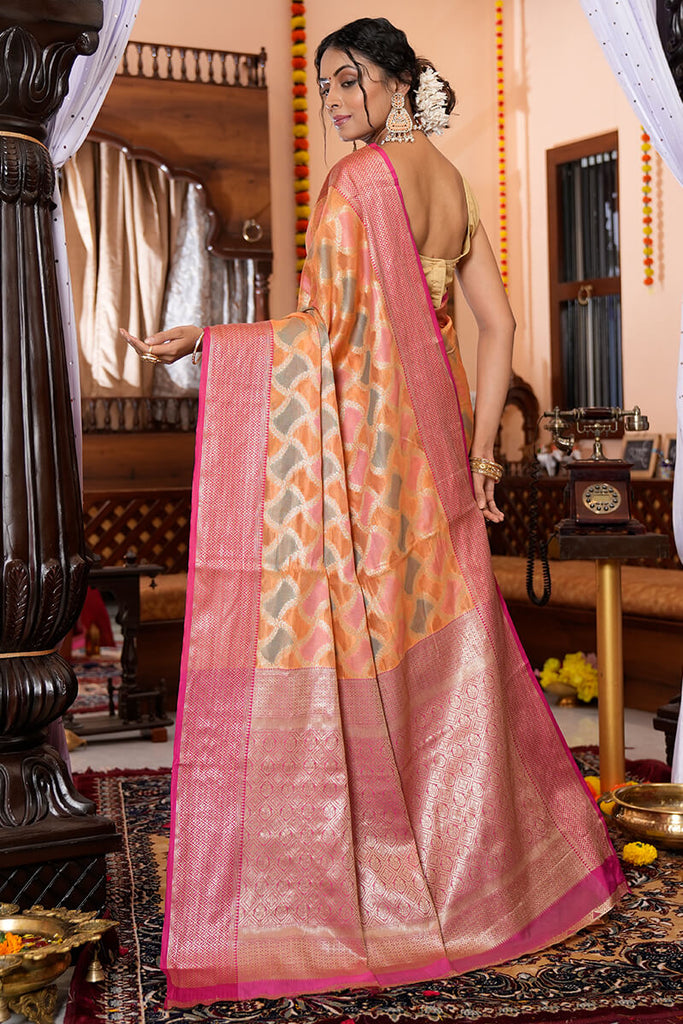 Buy Impressive Peach Woven Organza Silk Wedding Wear Saree - Zeel Clothing