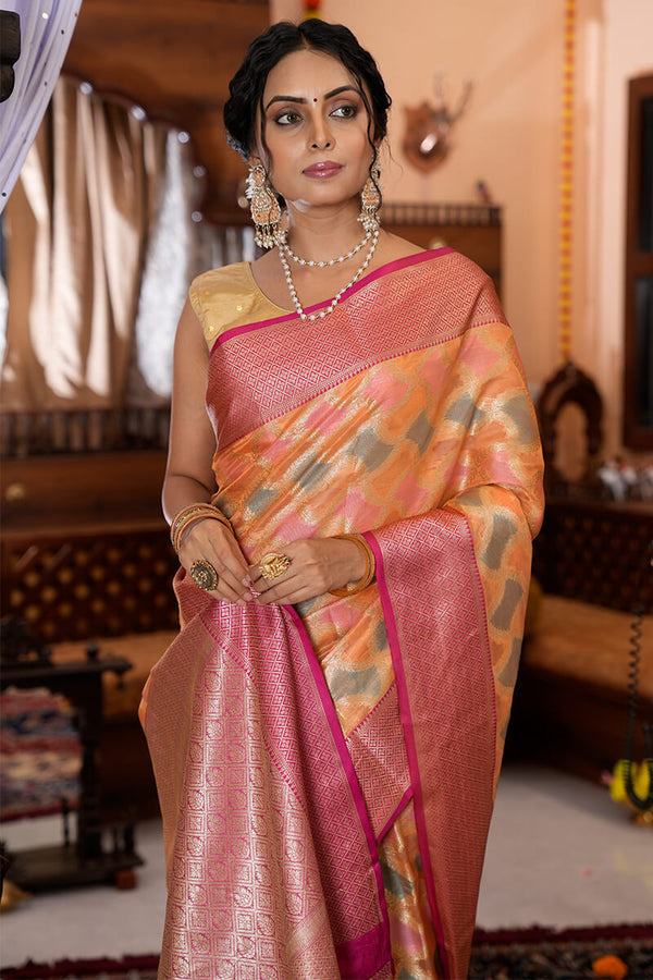 Flamboyant Orange Organza Silk Saree With Magnetic Blouse Piece Bvipul