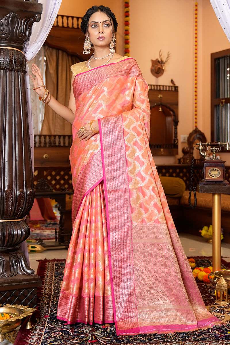 Preferable Pink Organza Silk Saree With Fantabulous Blouse Piece Bvipul