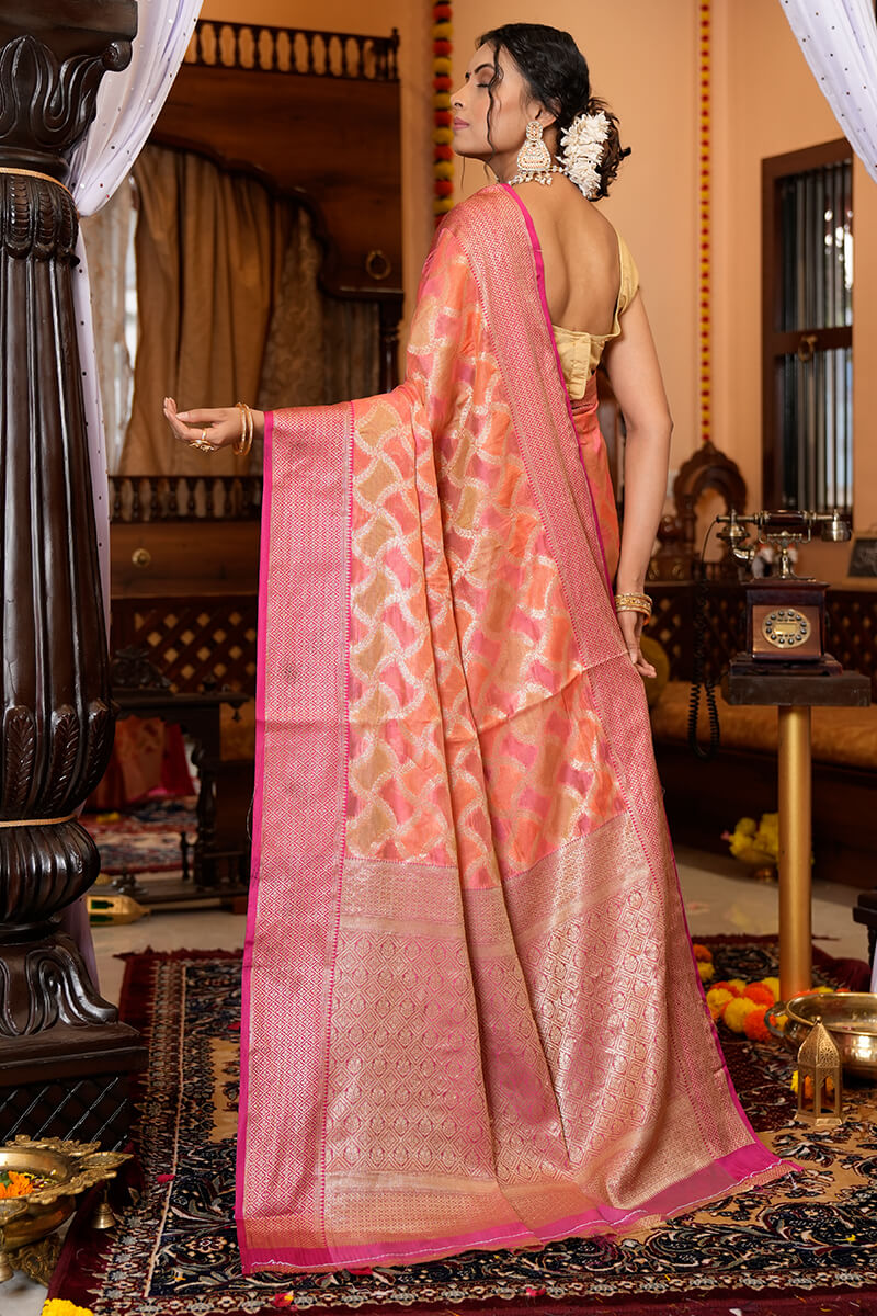 Preferable Pink Organza Silk Saree With Fantabulous Blouse Piece Bvipul
