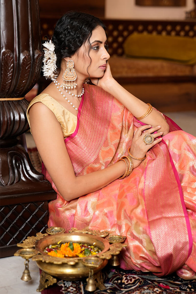 Preferable Pink Organza Silk Saree With Fantabulous Blouse Piece Bvipul