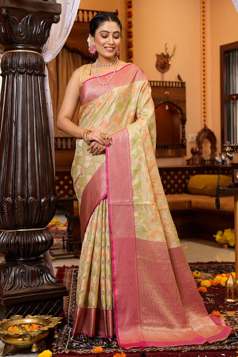 Prettiest Pista Organza Silk Saree With Twirling Blouse Piece Bvipul