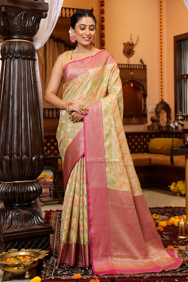 Prettiest Pista Organza Silk Saree With Twirling Blouse Piece Bvipul