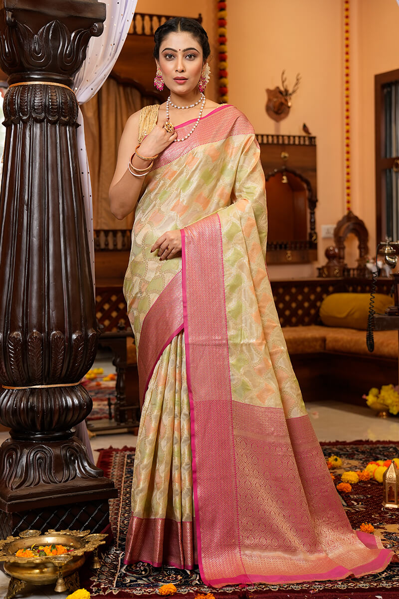 Prettiest Pista Organza Silk Saree With Twirling Blouse Piece Bvipul Main image