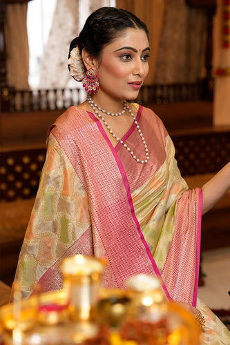 Prettiest Pista Organza Silk Saree With Twirling Blouse Piece Bvipul