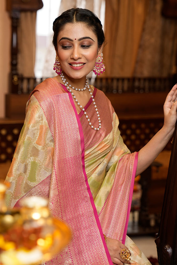 Prettiest Pista Organza Silk Saree With Twirling Blouse Piece Bvipul