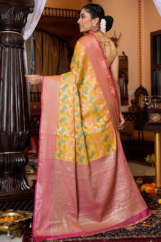 Entrancing Yellow Organza Silk Saree With Glittering Blouse Piece Bvipul