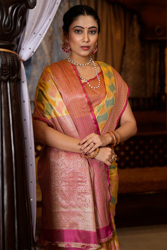 Entrancing Yellow Organza Silk Saree With Glittering Blouse Piece Bvipul