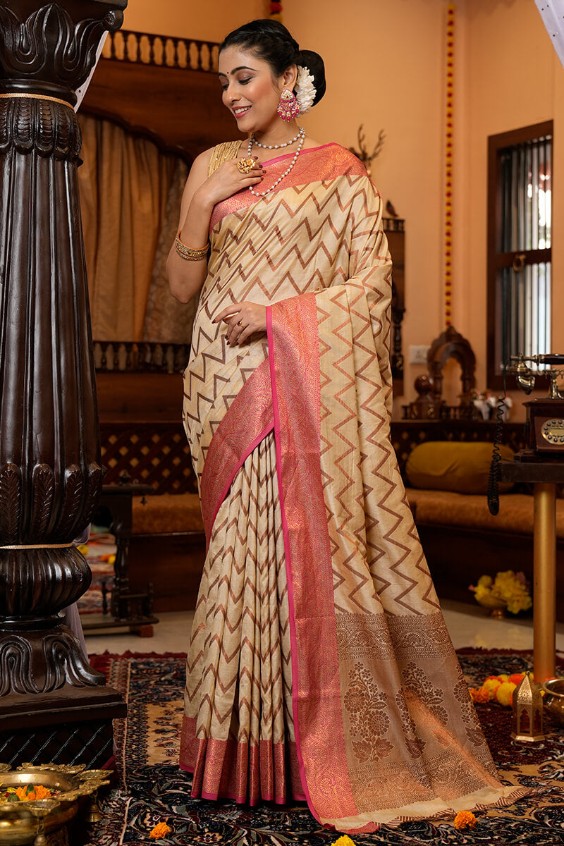 Most Flattering Beige Soft Banarasi Silk Saree With Super Blouse Piece Bvipul