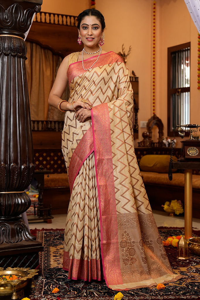 Most Flattering Beige Soft Banarasi Silk Saree With Super Blouse Piece Bvipul