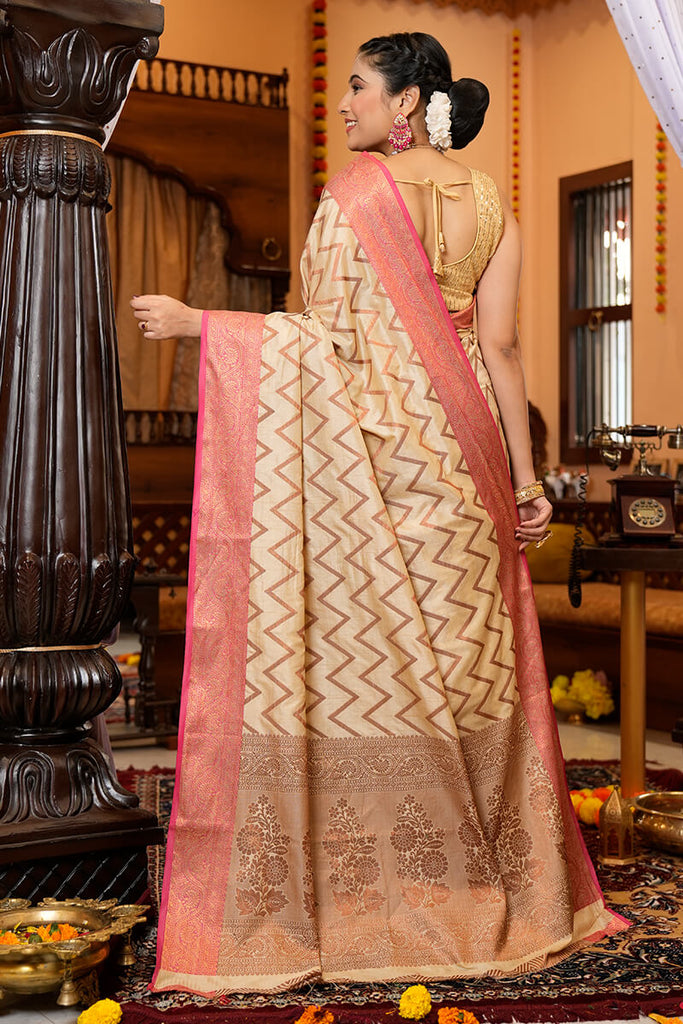 Most Flattering Beige Soft Banarasi Silk Saree With Super Blouse Piece Bvipul