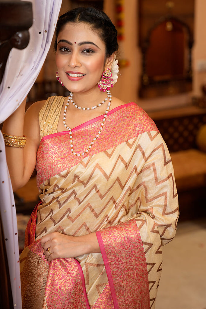 Most Flattering Beige Soft Banarasi Silk Saree With Super Blouse Piece Bvipul