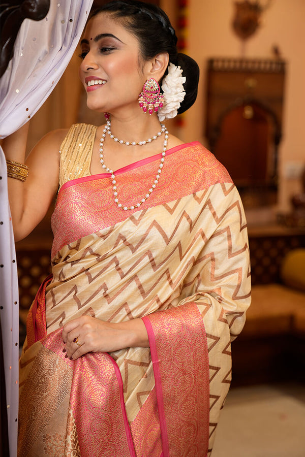 Most Flattering Beige Soft Banarasi Silk Saree With Super Blouse Piece Bvipul