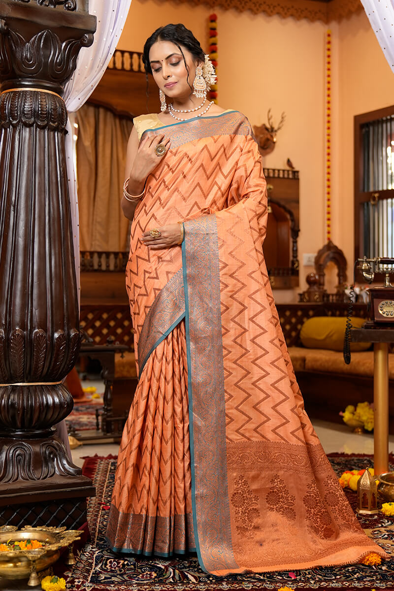 Ideal Peach Soft Banarasi Silk Saree With Admirable Blouse Piece Bvipul
