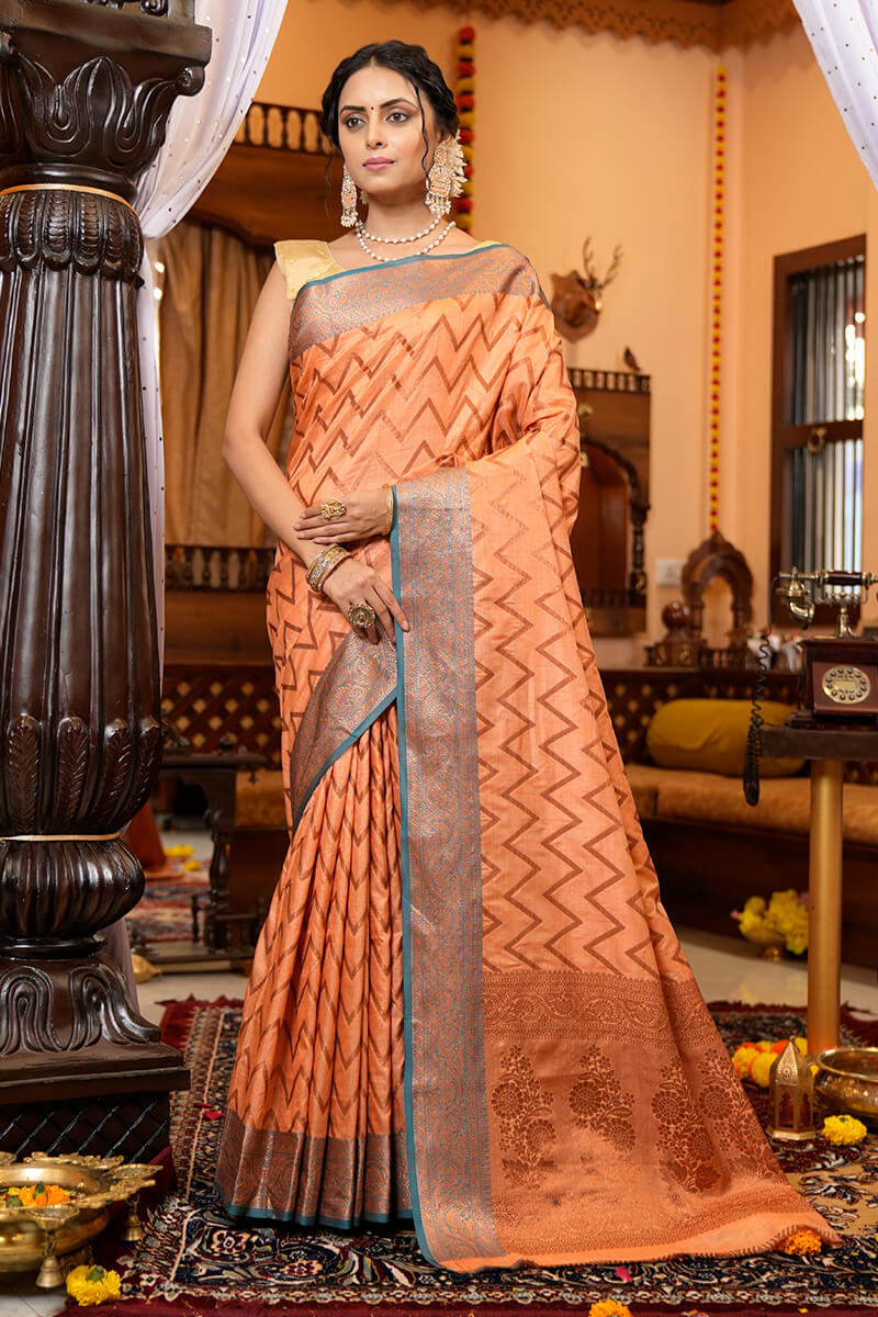 Ideal Peach Soft Banarasi Silk Saree With Admirable Blouse Piece Bvipul